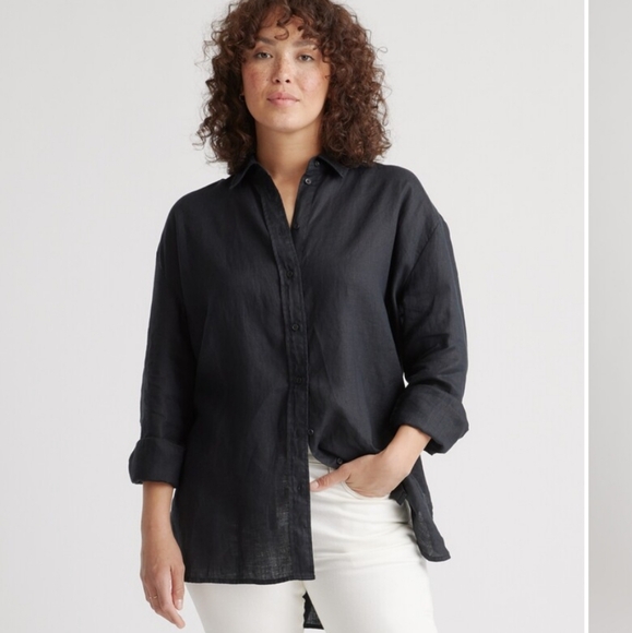 Quince Tops - Quince European Linen Longsleeve Oversized Shirt, Black (S)